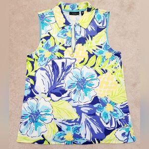 Rafaella Women Sleeveless Polo Top SZ Large  Floral Print Zip Collar Blue Green